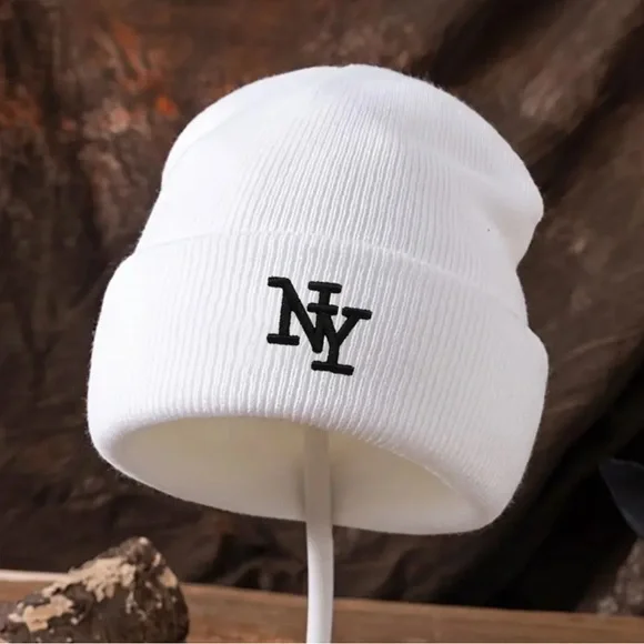 New York NY Logo Embroidered Beanie Hat Black or White Winter Knit Cap Unisex OS - Picture 4 of 4